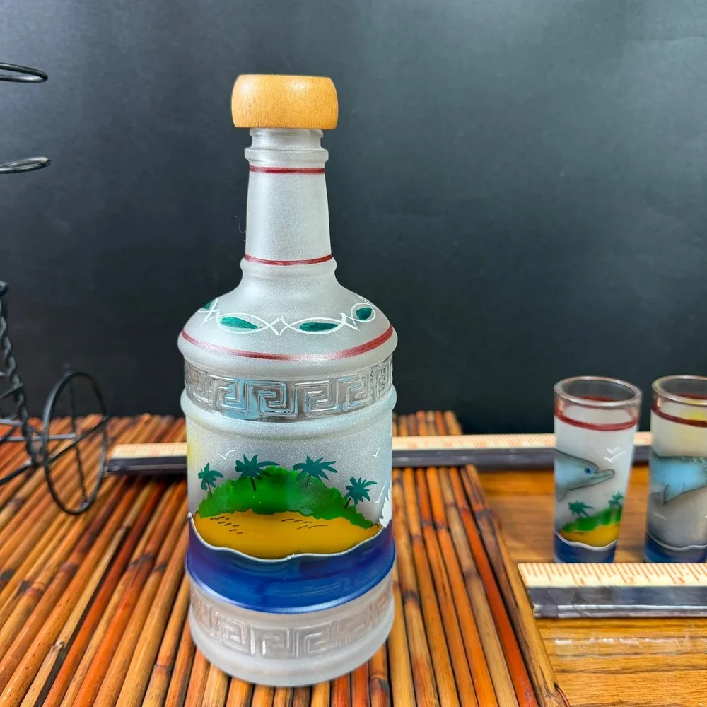Dolphin Hand painted Decanter Set Rack w 6 shot glasses Island Tequila Tiki Set